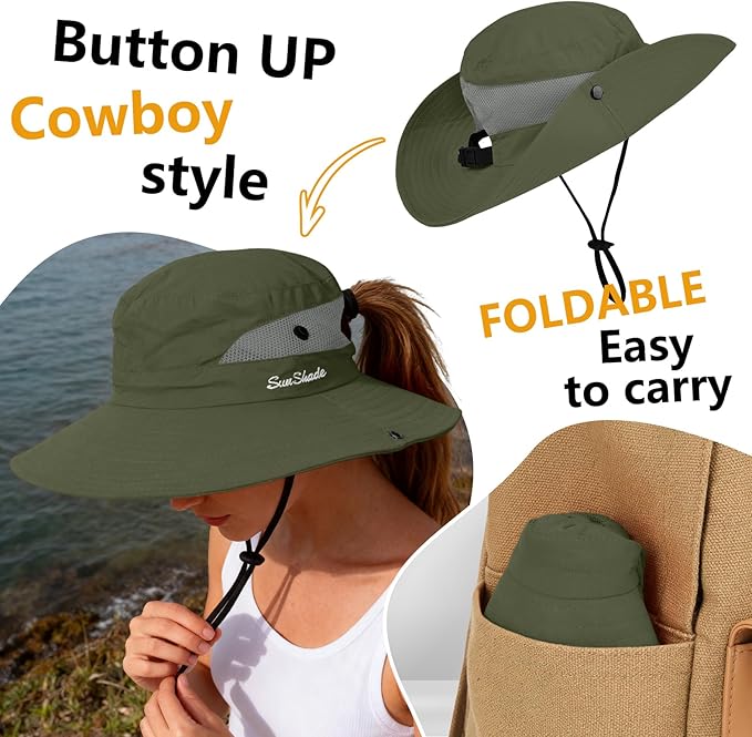 ZOORON Women's Ponytail Safari Sun Hat,Wide Brim UV Protection Outdoor Bucket Hat,Foldable Beach Summer Fishing Hat