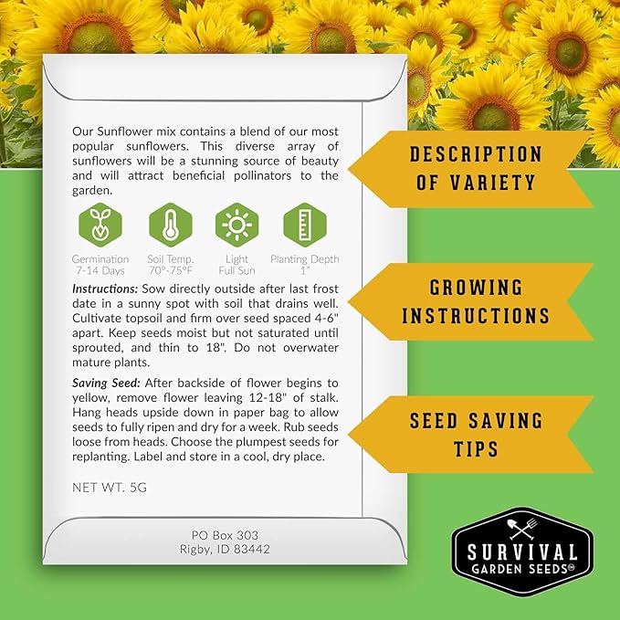 Mixed Sunflower Seeds for Planting | Colorful Blend of Heirloom Varieties for Cut Flowers & Pollinators – Heirloom Non-GMO – Survival Garden Seeds (5 Packs)
