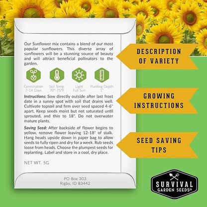 Mixed Sunflower Seeds for Planting | Colorful Blend of Heirloom Varieties for Cut Flowers & Pollinators – Heirloom Non-GMO – Survival Garden Seeds (3 Packs)