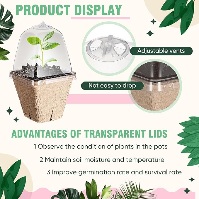 Baderke 120 Pcs Biodegradable Nursery Pots with 30 Humidity Dome and 30 Labels, 2.36" Plant Nursery Seed Starter Planter Biodegradable Peat Pots for Planting Seedlings, Vegetables (Square)