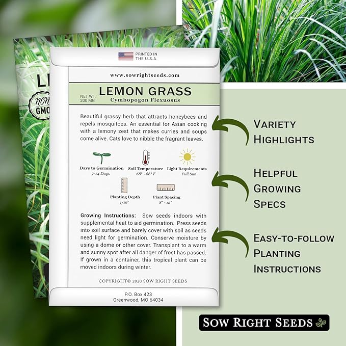 Sow Right Seeds - Lemon Grass Seed for Planting - Non-GMO Heirloom Packet with Instructions for Easy Planting and Growing an Herb Garden - Indoor or Outdoors - Delicious Culinary Herb (3)