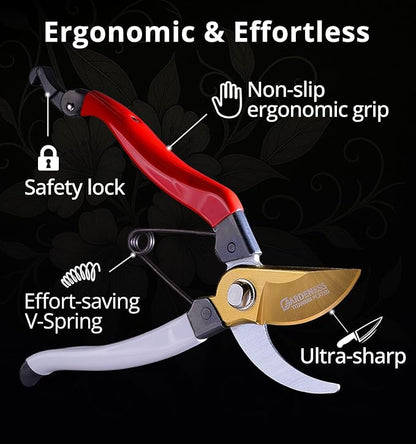 Gardeness Titanium Pruning Shears, Lightweight SK5 Bypass Garden Secateurs – Easy-Grip Hand Pruners for Women, Roses, Bonsai, Trimming & Everyday Gardening, Floral & Yard Work, Arthritis Friendly