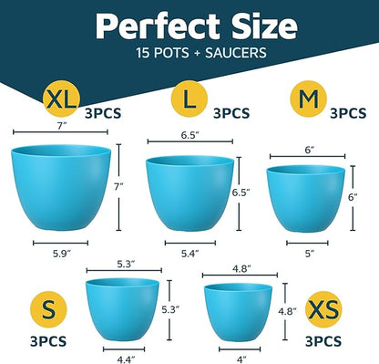 Blue Plant Pots with Drainage Holes & Saucers 15 Pack, Indoor & Outdoor Stackable Space-Saving Planters for Houseplants & Flowers, (7", 6.7", 6", 5.3", and 4.8" Inches), Durable & Weatherproof