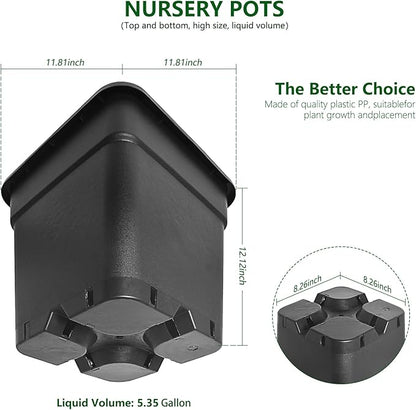 10-Pack 5 Gallon Square Planter Nursery Pots, Flower Plant Container Injection Molded Plastic Nursery Pots Gardening Pots for Indoor Outdoor Vegetables, Succulents, Black