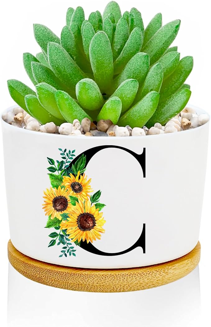 Sunflower Succulent Plant Pots 3 Inch Ceramic Cactus Flower Pots Personalized Initials C Sunflower Gifts for Women Mom Sister,Birthday Housewarming,Wedding,Window Garden Desk Decor