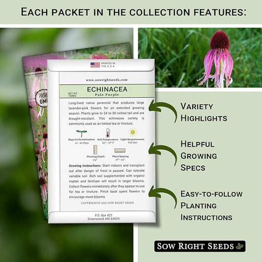 Sow Right Seeds - Large Flower Seed Collection - Coleus, Carnation, Daisy, Calendula, Alyssum, Echinacea, Lavender, Snapdragon & Zinnia - Non GMO Heirloom Seeds for Planting - 10 Packets