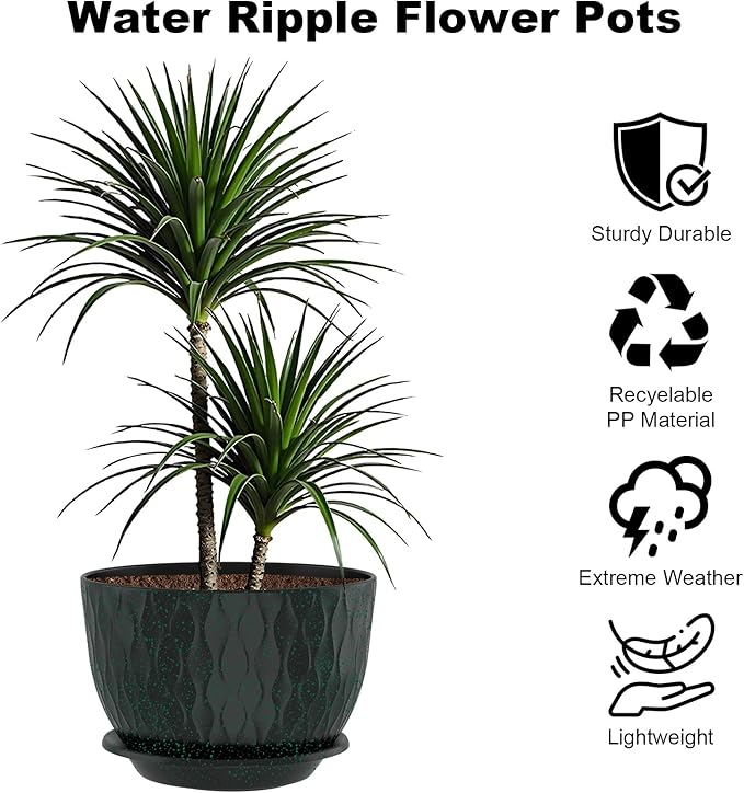 12 inch Large Plant Pots, Flower Pots with Multi-Mesh Drainage Holes and Saucer, Plastic Planters for Indoor and Outdoor Garden Plants (Black with Green Speckles, 12")