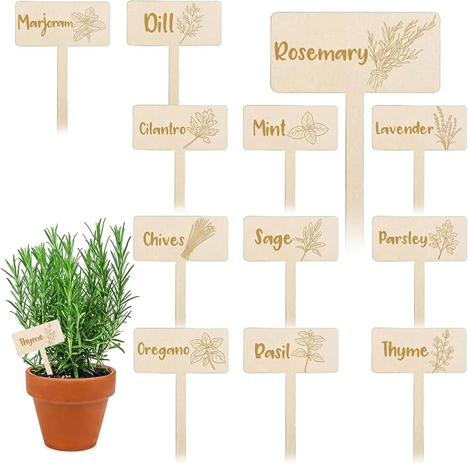 JarThenaAMCS 24Pcs Wooden Plant Label Signs 12 Styles Garden Herb Markers Wood T-Type Tags Reusable Plant Stake Tags with Names for Nursery Indoor Outdoor Garden Decor