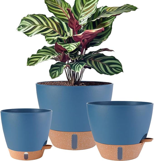 12/10/8 inch Plant Pots, Large Plastic Self Watering Planters with Drainage Holes, Deep Reservoir, Water Level Indicator, Modern Decorative Flower Pots for Indoor Outdoor Plants (Navy Blue, 12/10/8)