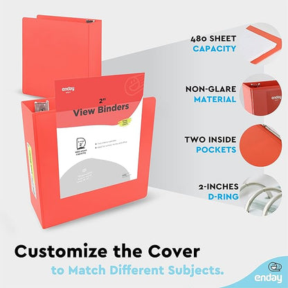2 Inch 3 Ring Binder 2” Red, Slant D-Ring 2 in Binder Clear View Cover with 2 Inside Pockets, Heavy Duty Colored School Supplies Office and Home Binders – by Enday