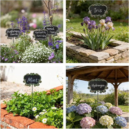 Set of 3 Vintage Green Metal Garden Markers with Chalkboard - Rustic Plant Labels for Indoor/Outdoor Flower Beds, Vegetable Gardens