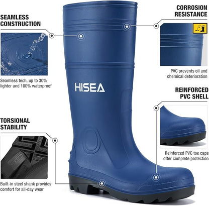 HISEA Men's Rain Boots PVC Rubber Boots with Steel Shank Waterproof Garden Fishing Outdoor Work Boots Durable Slip Resistant Mud Rainboots for Agriculture and Industrial Working