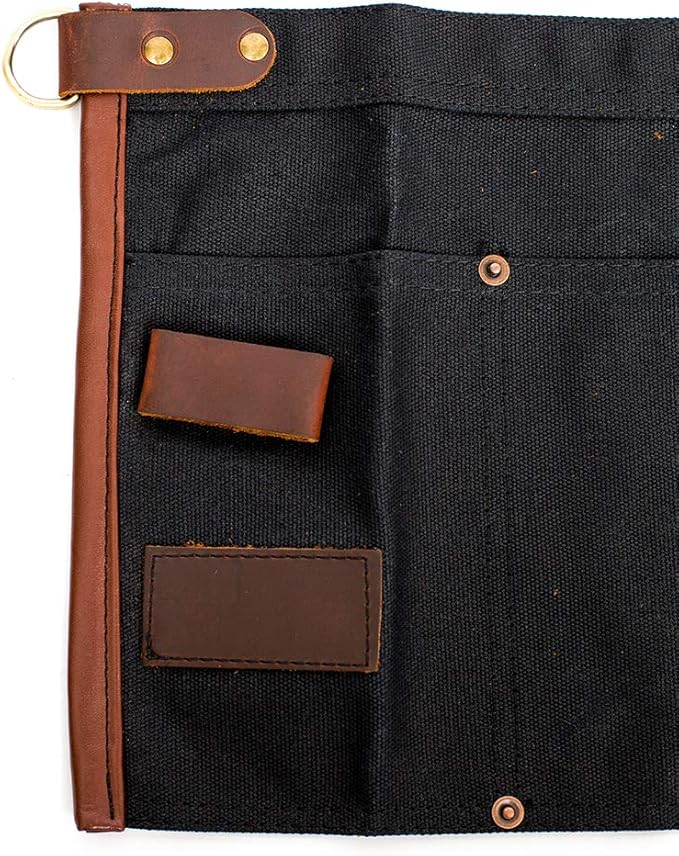Luchuan Waterproof Waxed Canvas Tool Apron With the Adjustable Genuine Leather Belt (Black)