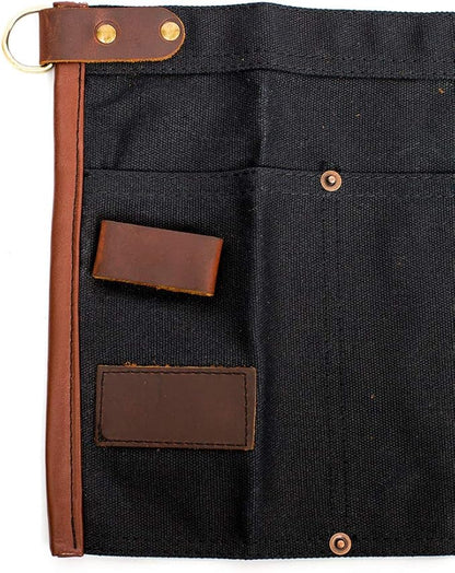 Luchuan Waterproof Waxed Canvas Tool Apron With the Adjustable Genuine Leather Belt (Black)