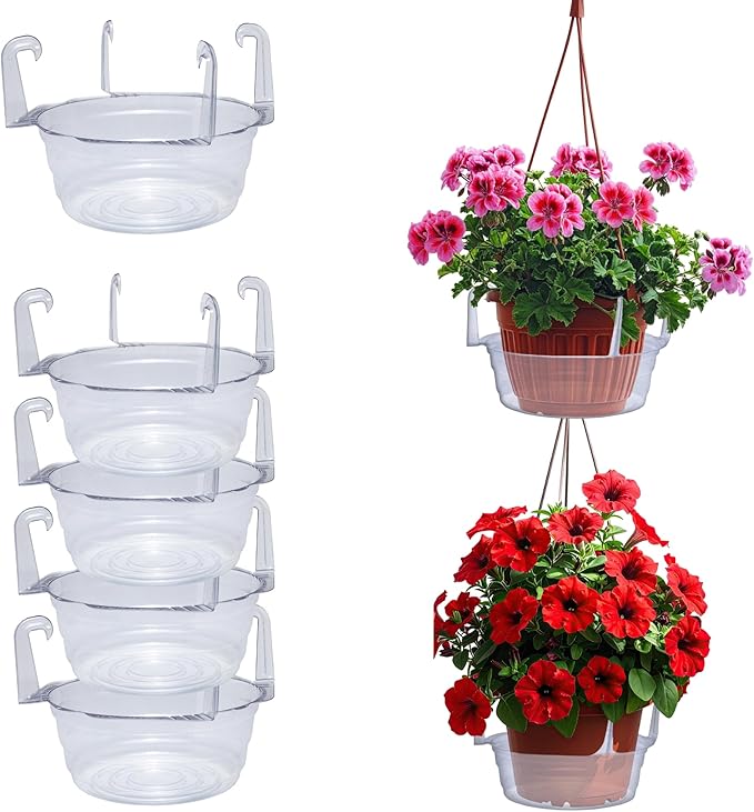 Curtis Wagner Plastics Hanging Basket Drip Pans (5-Pack) | Clear, Round (Diameter = 9" Base, 12" Top, 3.75" Depth) Hanging Plant Tray Saucer with Built-in Hooks & Water Catcher for Indoor & Outdoor