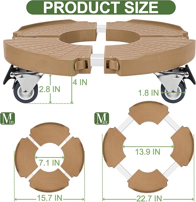 ToLanbbt Plant Caddy Stand with 360° Wheels Adjustable 15-22 Inch Rolling Stand Heavy Duty Large Plant Cart Dolly with Casters 440lbs Capacity for Large Planter, Garden Pot, Flower Pot, Khaki, 1 Pack