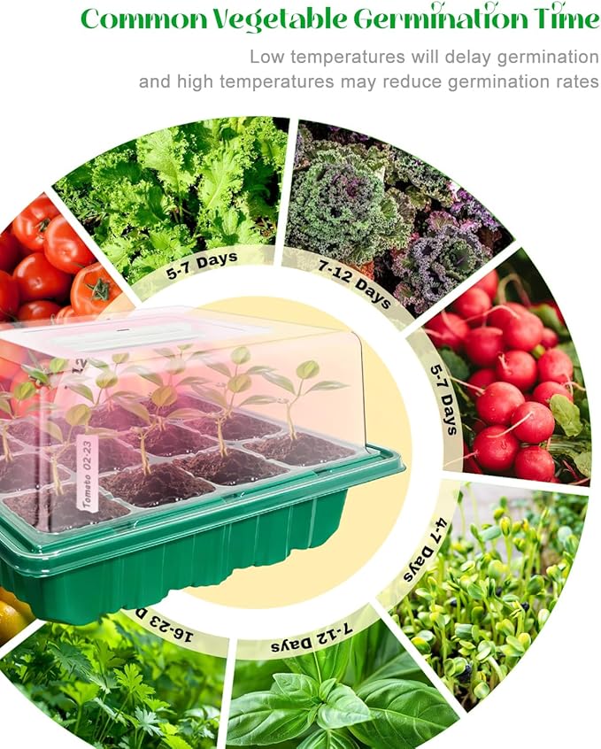 Seed Starter Tray with Grow Light (4x 24-LED), 4 Pack 48-Cell Seed Starter Kit with Humidity Domes and Timing Controller, Adjustable Brightness, Reusable Thicken Seedling Starter Tray Germination Kit