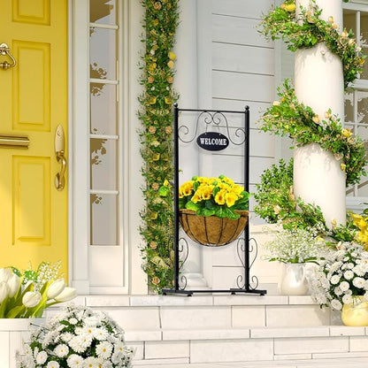 Sorbus Welcome Planter Basket Stand with Coco Liner, Stylish Flower, Plant, and Outdoor Décor for Home, Garden, Patio, Deck, Black Metal