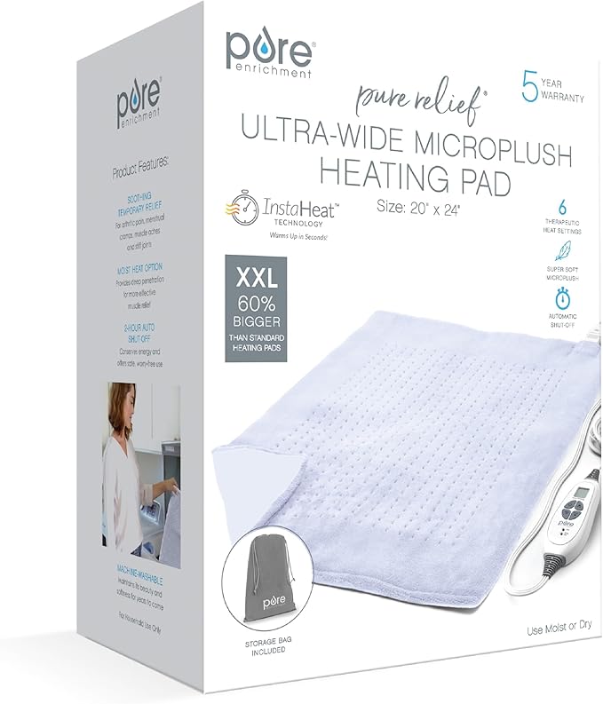 Pure Enrichment PureRelief Ultra-Wide Microplush Heating Pad - 20” x 24” XXL Size & 6 Heat Settings for Temporary Neck, Shoulder & Back Pain Relief - Moist Heat Option & Machine Washable (Periwinkle)