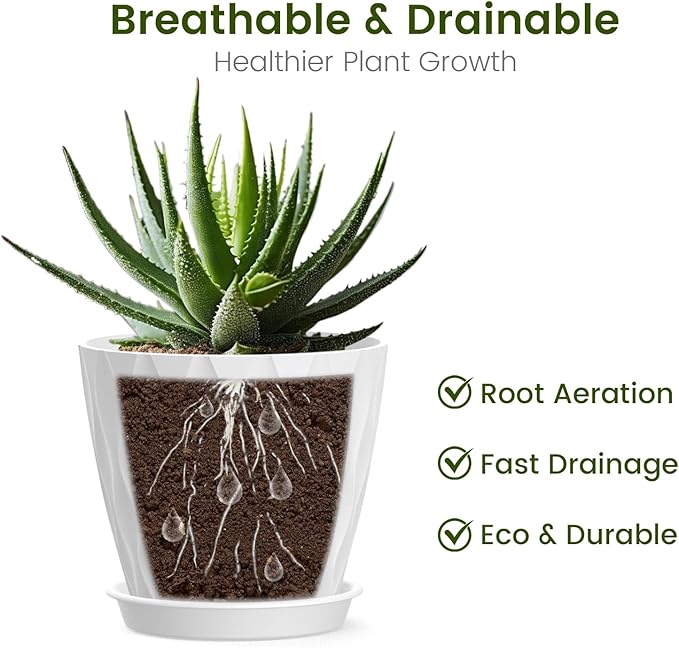 12 Pack 4 Inch Small Plant Pots with Saucers, Waffle Texture Plastic Planters with Drainage Holes for Indoor and Outdoor Plants, Flowers, Herbs, Succulents, and Seedlings, White