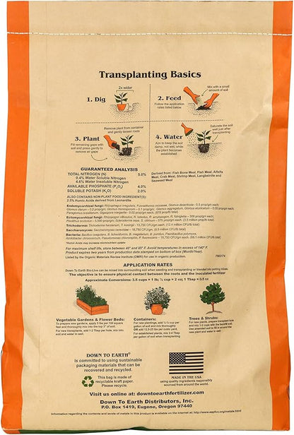 Down To Earth All Natural Fertilizers Organic Bio-Live Starter & Transplant Mix with Mycorrhizal Fungi and Benefical Microbes for Plant Food 5-4-2, 25 lb