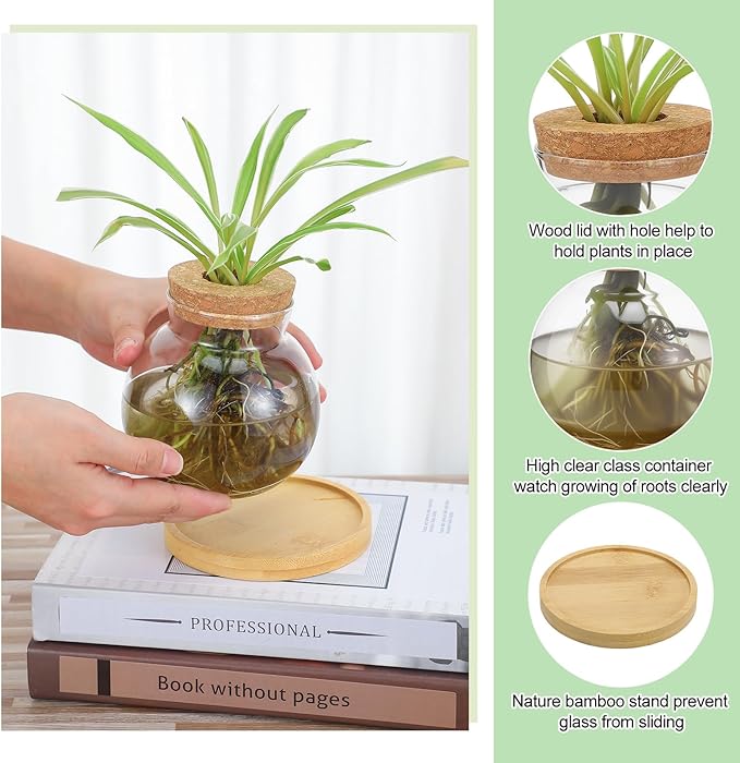 Layhit 4 Pcs Plants Propagation Stations vases Glass Planters with Wooden Lid and Bamboo Stand for Hydroponic Plants Gardening Gifts for Women Mom Home Office Tabletop Decoration(Lovely Style)