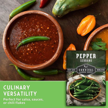 Mexican Serrano Pepper Seeds for Planting | Fresh Hot Chili & Green Hot Pepper Seeds – Heirloom Non-GMO Variety for Sauce, Salsa & Pickling – Survival Garden Seeds (2 Packs)