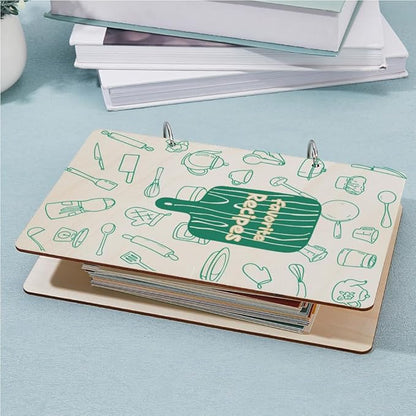 SUPERDANT Favorite Recipe Greeting Card Organizer Food Journal Keeper Kitchen Planner Card Holder Wooden Cards Keeper Binder Recipe Photo Album 2-Rings Cover with Punch and 20pcs Inner Pockets