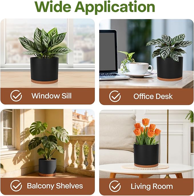 GARDIFE 10/9/8 Inch Modern Cylinder Planter, Plant Pots for Indoor Outdoor Plants, Flower Pots with Drainage Holes and Saucers for Garden Succulent Nursery House Plants (Black-Brown)