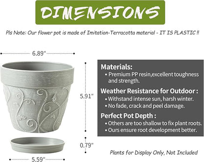 Melphoe Plant Pots Indoor with Drainage & Saucer, 2Pack 7 inch Flower Pots Outdoor Planters for Indoor Plants Garden Home Decor Cactus Succulent, Rigid Plastic (Imitation-Terracotta) Vine-Embossed