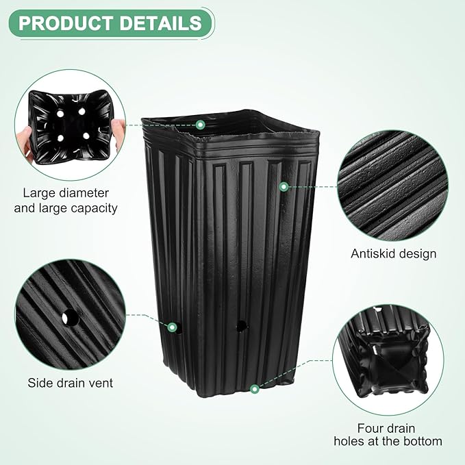 20-Pack Plant Nursery Pots, 6.3x6.3x12.6 Inch Plastic Deep Growing Nursery Pots Succulent Planter Flower Tree pots with Drainage Holes for Indoor Outdoor Gardening [Black]