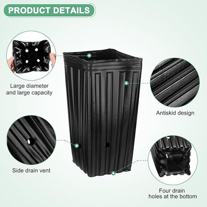 20-Pack Plant Nursery Pots, 6.3x6.3x12.6 Inch Plastic Deep Growing Nursery Pots Succulent Planter Flower Tree pots with Drainage Holes for Indoor Outdoor Gardening [Black]