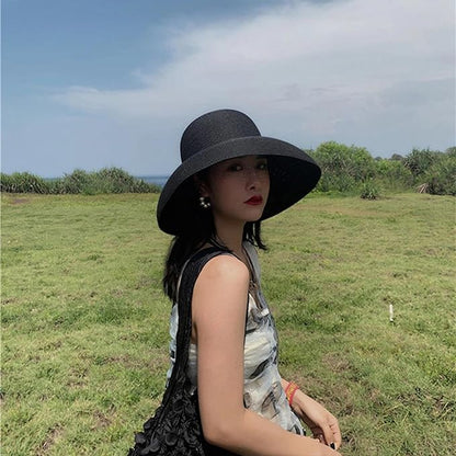 Wide-Brim Classic Elegant Style Foldable Straw Hat Women's Retro UV Resistant Sun Hats for Outdoor, Beach and Travel