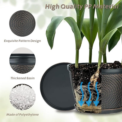Quarut 10 Inch Flower Pots for Outdoor Indoor, 3 Pack Plastic Plant Pots with Drainage Hole & Tray, Modern Decorative Garden Pot with Saucer, planters for House (Black Copper)
