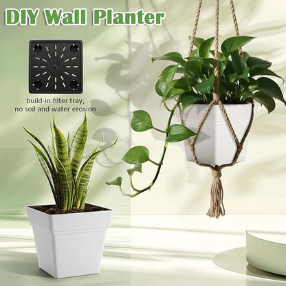 6-Pack 7 Inch Square Planters - Heavy Duty White Pots for Indoor Plants, Plastic Flower Pots with Built-in Drainage Tray & Stopper, Matte Modern Garden Planter, BPA-Free for Herbs & Succulents