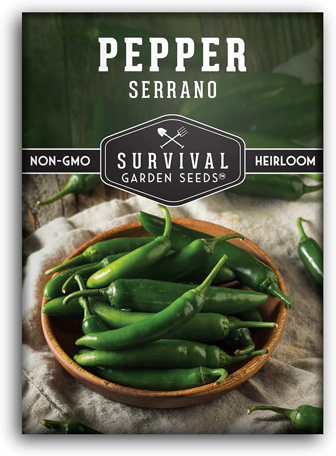 Mexican Serrano Pepper Seeds for Planting | Fresh Hot Chili & Green Hot Pepper Seeds – Heirloom Non‑GMO Variety for Sauce, Pickling & Salsa – Survival Garden Seeds (1 Pack)