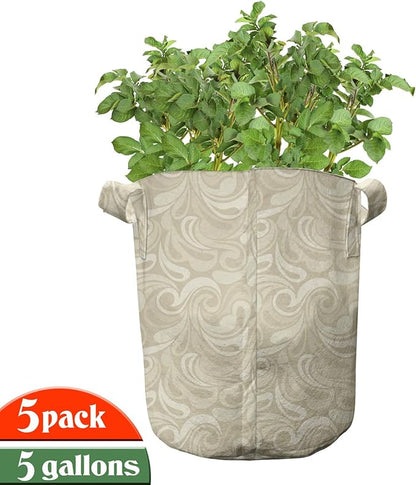 Lunarable Ivory and Beige Grow Bags 5-Pack, Ornamental Paisley, Heavyduty Fabric Pots with Handles for Plants, Beige and Ivory