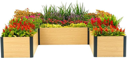 Vego garden Woodgrain Series Raised Garden Bed, 16" Tall Wooden-Look 8' x 8' U-Shaped Metal Planter Box Outdoor for Vegetables, Flowers, Herbs