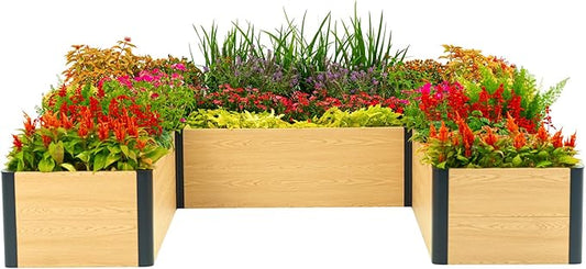 Vego garden Woodgrain Series Raised Garden Bed, 16" Tall Wooden-Look 8' x 8' U-Shaped Metal Planter Box Outdoor for Vegetables, Flowers, Herbs