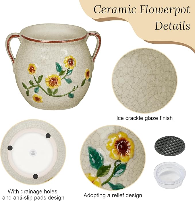 EFISPSS 6 Inch Vintage Ceramic Flower Pot with Relief Design & Handles,Ceramic Cracked Flower Pot with Drainage Hole for Indoor Plants,Tuscan Home Garden Decor (Living Room,Gift Ideas)
