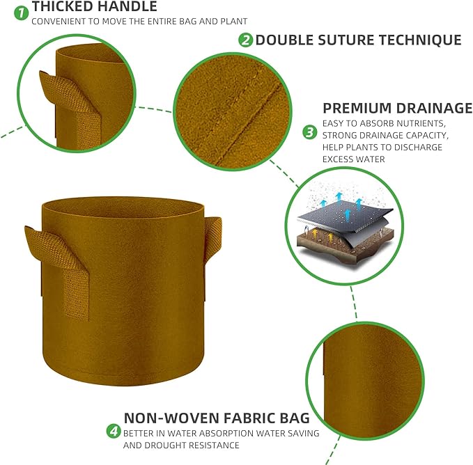 5-Pack 7 Gallon Grow Bags Heavy Duty Thickened Nonwoven Fabric Pots with Handles, Plant Grow Bags for Vegetables/Flower/Plant/Fruits, Brown