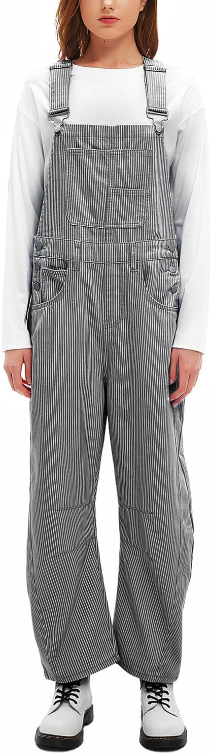 D-Sun Women's Striped Bib Overall Barrel Casual Tapered Overall Pants Wide Leg Adjustable Straps Stretch Jumpsuits