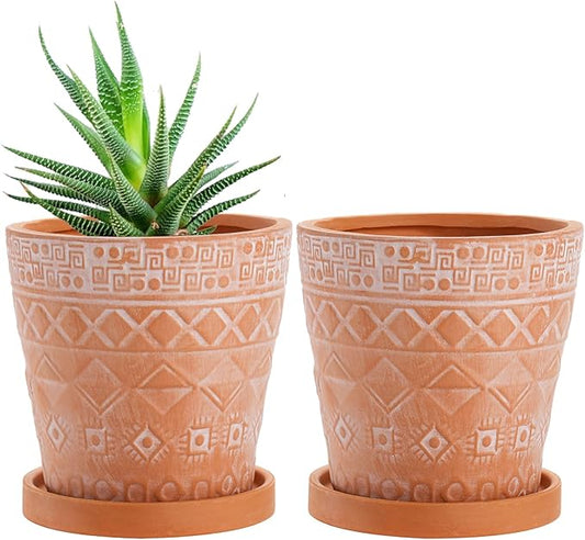 Cedilis 2 Pack Terracotta Pots, 5 Inch Red Clay Planter Pots with Drainage and Saucers, Ceramic Pottery Succulent Planter, Garden Cactus Flower Planters with White Geometric Designs