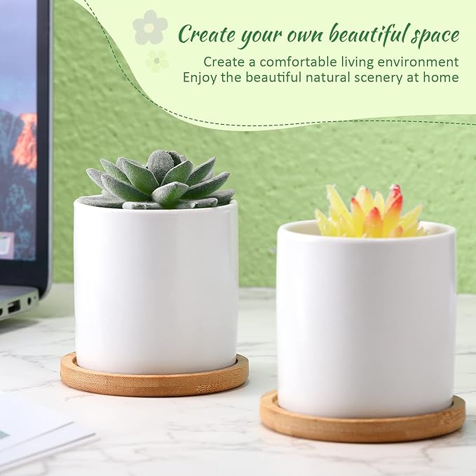 Cindeer 12 Pack Small Succulent Plants Pots 3 Inch Ceramic Flower Planter Pot and Bamboo Tray with Drainage Hole for Succulents Cactus Indoor Garden Decorations, Plant Not Included(White)