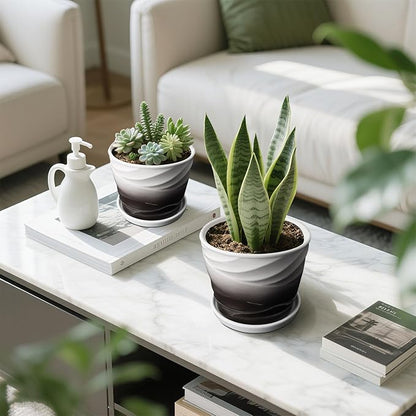 Ceramic Plant Pots,6.7 + 5.5 Inch,Ceramic Flower Pots,Planters with Drainage Hole and Saucer,Planters for Indoor Plants(Dark Gray+White)