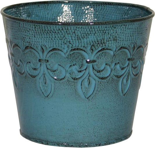 Robert Allen MPT01639 Fluer De Lis Series Metal Flower Pot, 8", 8 inch Color Planter, 8", Surf Blue
