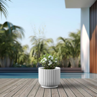 Kante Round Fulted Planter, 11 Inch Dia Large Concrete Plant Pots with Drainage Hole and Rubber Plug, Modern Decor for Indoor Outdoor Plants, Flower, White