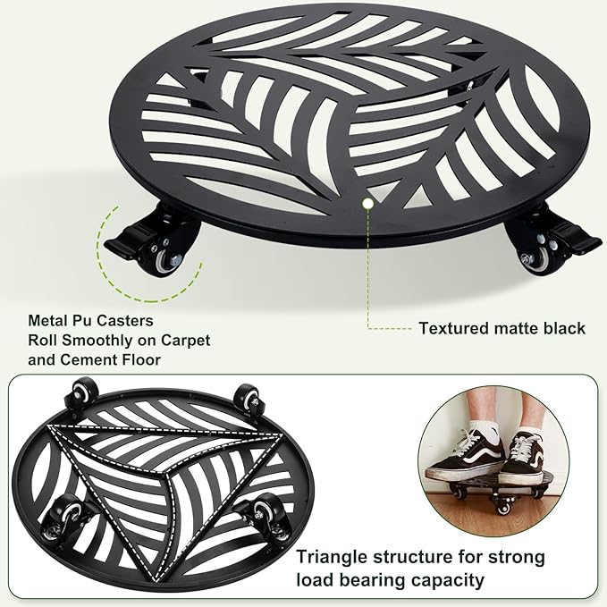 1 Pack Metal Plant Caddy with Wheels 17 inches Heavy-Duty Iron Rolling Plant Stand with Casters Indoor Outdoor Wheeled Plant Roller Base Pot Movers Plant Dolly Coaster Trolley Black