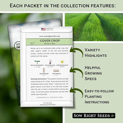 Sow Right Seeds - Cover Crop Collection for Planting - Winter Rye, Dutch White Clover and Winter Oats Seed - Suppresses Weeds, Improves Soil - Non-GMO Heirloom Packet to Plant and Grow