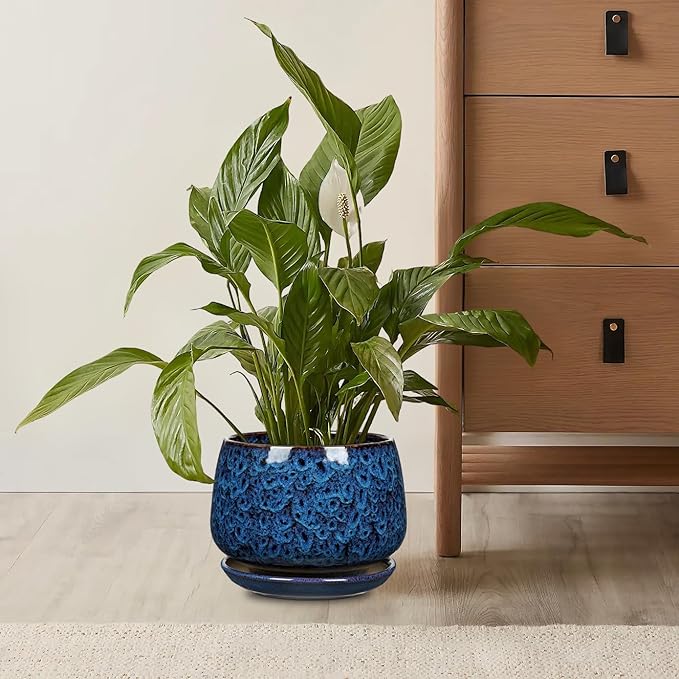 Blue Ceramic Planter Pots with Drainage Holes, Set of 2 7''+5'' Saucers and Mesh Pads Large Round Plant Pot for Indoor-Outdoor Plants, Succulent Orchid Flower
